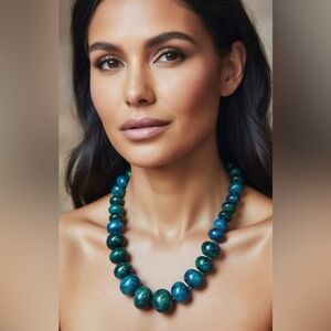 Chrysocolla Azurite Graduated Beaded Knotted Stone Necklace, 18”
